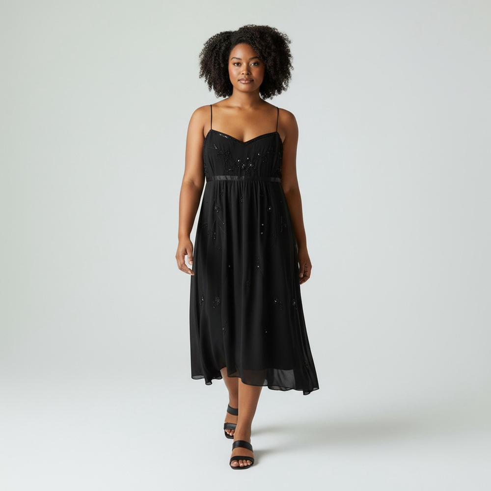Y2K Black Chiffon Beaded Midi Dress